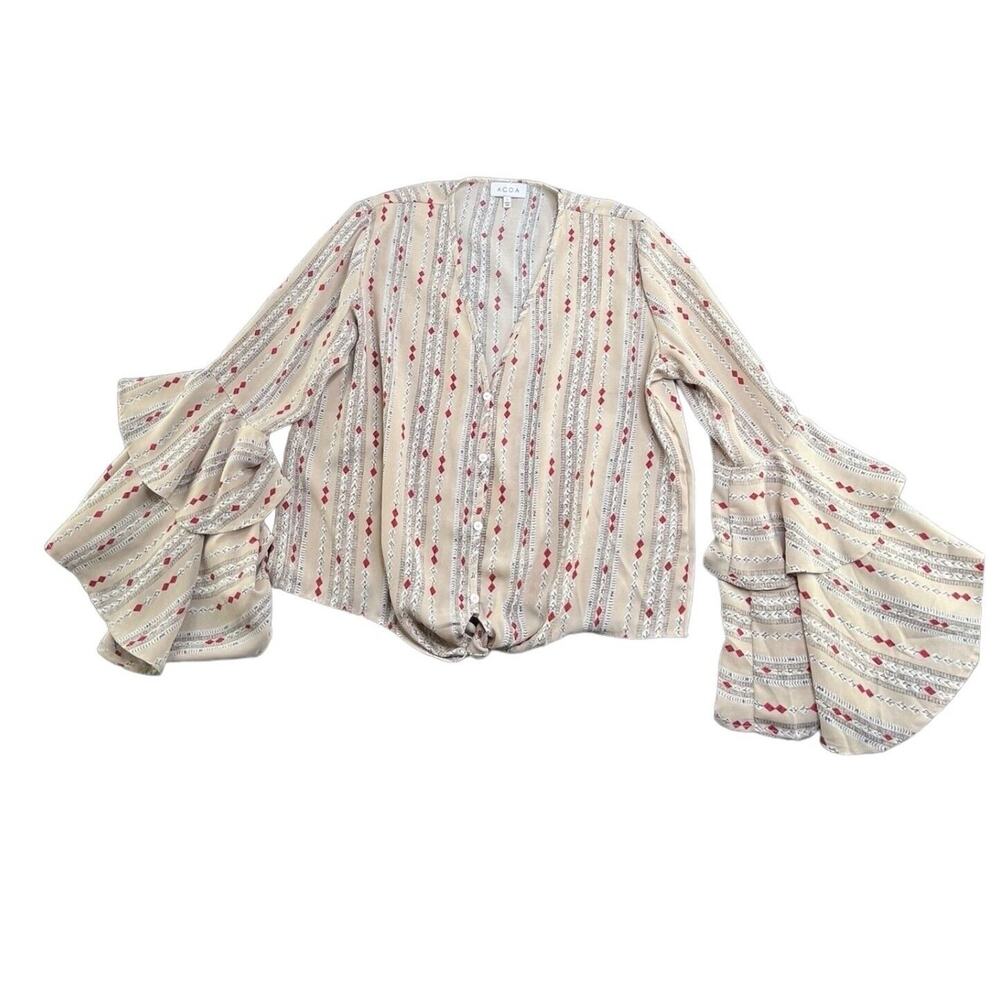 ACOA Long Bell Sleeved Tan Small Geometric Print Tie Waist Top Womens L Western
